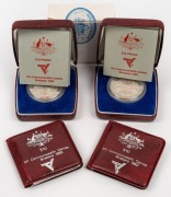 1982 BRISBANE COMMONWEALTH GAMES: Group comprising two $10 silver proofs, both in presentation cases with CoA, together with two uncirculated variants, both in coin wallets. (4 items)