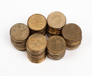 Group of more than fifty loose $1 coins, mostly uncirculated commemoratives, including noted 1986 International Year Of Peace, 1988 Bicentennial, 2023 Matilda, and 2024 Bluey "Dollar Bucks"; FV $50+.