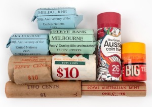 Group of seven RAM/Reserve Bank coin rolls, comprising 1c, 2c, 1982 50c, 1988 50c, 1995 50th Anniversary of the United Nations 20c (2), and 1995 Weary Dunlop 50c, together with 2021 Great Aussie Coin Hunt 2 and 2025 Aussie Big Things 2 sealed tubes. (9 items)