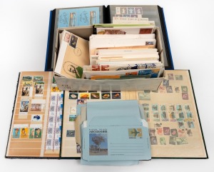 An accumulation of stamps and covers in 3 albums and a shoebox. Noted 1935 1/- ANZAC Imprint pair MUH, 1940 A.I.F. set in Imprint pairs MUH; Australian decimals to $4 in blks. MUH; PNG, Norfolk Island, G.B., etc.