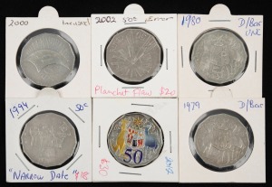 FIFTY CENTS: 2012 hyper-metallic (ex. year set), together with group comprising 1979 and 1980 (double bar), 1994 Year of the Family (narrow date), 2000 Millennium (incused flag), and 2002 (planchet flaw); mixed condition.