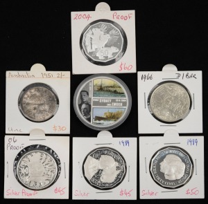 Group of silver coins comprising 1951 florin, 1966 round 50c (double bar), 1989 Captain Cook 50c, 1989 Prince of Wales & Lady Diana Spencer 50c, 2004 Primary School Student Coin Design 50c, 2006 round 50c proof, plus one other. (7 items)