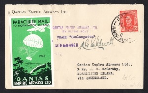 Aerophilately & Flight Covers: 24 Dec. 1943 (AAMC.970) Sydney - Mornington Island parachute mail cover with green vignette, signed by the captain and the missionary in charge, together with a short history of the service, and a booklet titled Qantas Empir