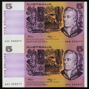 FIVE DOLLARS: A small group comprising of 1969 (R.203) Phillips/Randall (poor), 1985 (R.209a) Johnson/Fraser (19,of which 18 are consecutive numbers aUNC), 1992 (R.214F) Fraser/Cole (12, consecutive numbers UNC), and 2001 (R.219) MacFarlane/Evans (1, UNC). Also, two pairs of R.212 (R.UO4e) UNCUT vertical pairs. (Total: 37).