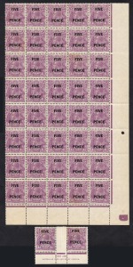 KGV Heads - Small Multiple Watermark Perf 13&frac12; x 12&frac12;: "FIVE PENCE" on 4&frac12;d Violet, lower right corner blk.(40) MUH, together with an Imprint pair M; tropicalized gum, but great for study.