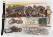 An accumulation of bagged Australian 1c/2c/20/50c coins, together with a quantity of pennies and half-pennies, plus some foreign coins and two watches; mixed condition, mainly poor.