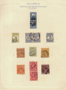 FIJI: FOREIGN STAMPS USED IN FIJI: A range on two album pages: Tonga, New Zealand, New South Wales, Samoa, Cook Islands, Australia (Roos & KGV Heads). (Total: 31 stamps, some on piece).