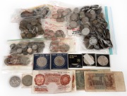 A diverse accumulation of foreign coins, mainly Great Britain (some banknotes), overall several silver coins present; total weight approximately 3.9kg.