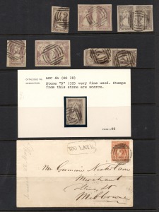 VICTORIA - Postmarks: THE BARRED NUMERAL "2" OF GEELONG: 2d Queen-on-Throne: four pairs and 3 singles (various printings) with good strikes of types 1 and 2, together with a May 1857 "TOO LATE" cover to Melbourne bearing an Imperf 4d attractively tied.