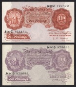 GREAT BRITAIN: TEN SHILLINGS: 1940-41 (Pick 366) 10/- Mauve, signed Peppiatt, EF; together with 1948 (Pick 368a) 10/- Brown-violet on grey-pink, signed Peppiatt, aUnc. (2).