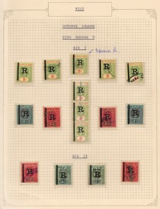 FIJI: REVENUE STAMPS: A display presented on three album pages, comprising of Edward VII 6d (4), 1/- George V - both dies (12), 2/6 - both dies (10), 5/- - both dies (12) and &pound;1 (4), (Total: 42).
