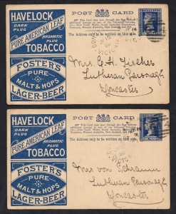 VICTORIA - Postal Stationery: ADVERTISING POSTAL CARDS: 1895 1d blue with advertising for HAVELOCK TOBACOO and FOSTER'S LAGER, ten examples used in 1896 from PORTARLINGTON, ALBERT PARK & DONCASTER, (10). G-FU.