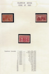 UNITED STATES OF AMERICA: 1893 COLUMBIAN EXPOSITION SERIES: 1c - 30c Used, plus the $1, $2 (weak top right corner perf.) and $4 Unused (appear to be mint never hinged but apparently are regummed).