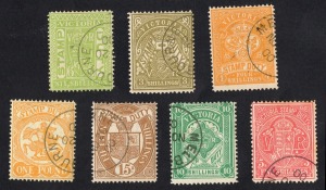 VICTORIA: 1884-96 (SG.268-277) 3/- drab - 45/- lilac "Stamp Duty" types authorized for postage, all CTO (with gum) at MELBOURNE in 1900, (11).