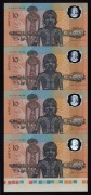 TEN DOLLARS: 1988 $10 Bicentenary UNCUT vertical strip of 4; 1991 Australian International Coin Fair $10 Fraser/Cole UNCUT block of 4 banknotes in folder of issue; 1993 "First Polymer & Last Paper $10" folder. All UNC.
