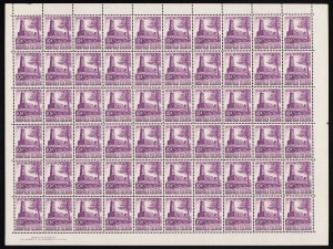 NORFOLK ISLAND: Pre-decimals in complete sheets or blocks: 3d green Ball Bay (SG.6a) Imp.blk.15, 1953 10d Salt House (SG.17) two sheets of 60 with Imps (120), 1958 7d Surcharge (SG.21) various blks incl. an Imprint (64), 1958 8d Surcharge (SG.22) complete