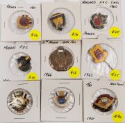 VARIOUS FOOTBALL CLUB MEMBERSHIP FOBS OR BADGES: Noted South 1926, Central 1937, South Adelaide 1937, Semaphore Central 1940, North Whyalla 1948, Redan 1950, Paskeville 1956, Streaky Bay 1957, Norwood 1960, West Torrens 1961, Brinkworth 1963, Woomera Work - 2