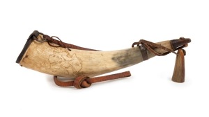 BOER WAR ERA powder horn with engraved map of Australia and crossed Martini Henry rifles with British flag in the background; leather fittings. 30cm long