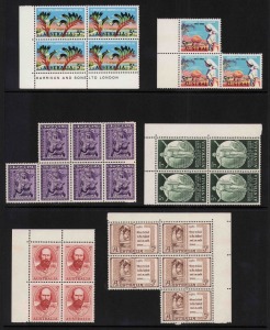 Kangaroos - Collections & Accumulations: A range in a red Hagner album including a small range of KGV Heads to 5d incl. 2d Red Inverted wmk blk.4, 6d Kingsford Smith blk.4, Arms set, green Coil testers, 5/- Cattles, 6d - 3/- Birds set in blks.4, 2/3 comm