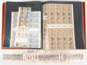 A decimal accumulation in blocks and strips, mainly of face value interest, but including 1968 Soil/Medical gutter block of four, 1969 5c Flights block of nine, 1970 Cook m/sheet, 1971 Christmas pane of fifty, and special AUSIPEX 84 m/sheets; the face val