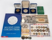 Remainder lot of mainly Australian decimal coins (predominantly 50c commemoratives, FV $27), some Australian medallions, plus a quantity of foreign coins.