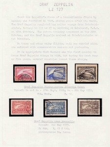 THE GRAF ZEPPELIN - LZ 127: A display on twelve annotated pages including the German1928 2RM blue (Mint), and the set of 3 Used, the 4RM used on a 1929 1st America Flight cover to Colombia, the USA 65c Zepp stamp Mint and FU on a flown card to England, th