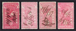VICTORIA - REVENUES: 1879-85 &pound;5 red - deep pink, (4) various shades and printings with fiscal endorsements dated 1882 - 1887.