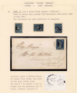 VICTORIA - Postmarks: A STUDY OF THE BARRED NUMERAL "1" OF MELBOURNE: A ten-page display prepared for a club competition on well annotated pages. Includes a lovely pair of the 3d Half Lengths with full margins, two pairs, a strip of 3 and six single 2d Qu