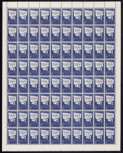 1954 (SG.280) 2/- bright blue Olympic Publicity, (560) in seven complete sheets, all with perf pips present. MUH; mostly fine.