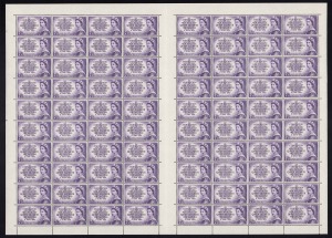 1953 (SG.265) 7&frac12;d Coronation, (320, in 4 sheets with perf pips), and 1954 (SG.273) 7&frac12;d Royal Visit (560, in 7 sheets, 2 with perf pips); mainly fine MUH.