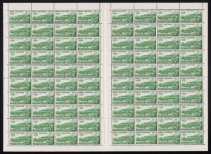 1953 Tasmania Sesquicentenary (SG.268-70) 3&frac12;d complete sheet (160, light gum tones), 2/- (182, including 2 complete sheets, both with perf pips, mainly fine), MUH.