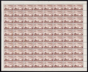 1955 (SG.285) 2/- Cobb & Co (80, in a complete sheet with perf pips); 1958 (SG.301) 2/- QANTAS (160, in 2 complete sheets, both with R7/6 "Re-entry to last A of AUSTRALIA" variety), and 1962 (SG.347) 2/3 Perth Games (40, half sheet with Imprint, one unit 