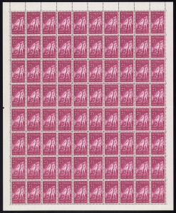 1965 (SG.375) 2/3 ANZAC, complete sheet (80) with variety "Weak entry over I of AUSTRALIA" [BW:428d] and perf. pips at left; together with 3 sheets of the 8d ANZAC (all with perf pips at left),