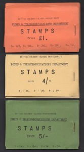 BRITISH SOLOMON ISLANDS: BOOKLETS: 1959 (SB1) 4/- Black on Buff (2, left & right stapled); 1959 (SB2) 11/- (SB2) Black on Grey (2, left & right stapled); 1960 (SB3) 5/- Black on Green (2, left & right stapled); and 1960 (SB4) &pound;1 Black on Orange (2, both 