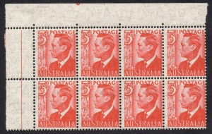 1951 (SG.235) 3d scarlet KGVI, corner blk.(8) on THIN PAPER (0.08mm), mounted in gutter bat all units **. BW:251a - $800.
