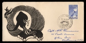 1956 4d & 7&frac12;d Olympics each tied by a Nov.24 1956 MAIN STADIUM cds, on a Jack Peake woodblock illustrated souvenir cover; each numbered in pencil by the artist 41/100 and 48/100. (2). Extremely rare.