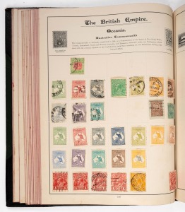 An old-time "Empire Postage Stamp Album" with gilt lettering to the green and black leather covers, containing a patchy collection of stamps. Noted AUSTRALIA First Watermark &frac12;d - 5/- Kangaroos Mint, CHINA 2c on 5c red Revenues (2 Used) and a 10c on 9c du