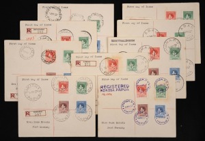 PAPUA - Postal History: 1937 Coronation set of 4 on nine different registered FDCS from ABAU, BWAGAOIA, DARU, IOMA, KOKODA, KULUMADAU, LOSUIA, PORT MORESBY and SAMARAI. (9).