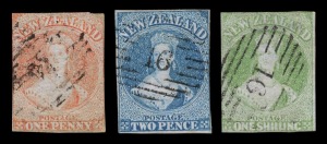 NEW ZEALAND: 1855-58 (SG.4-6) Blue Paper, No Watermark, Imperforate 1d red, 2d blue and 1/- green; some margins visible and all with minor paper thins characteristic of this difficult issue, (3). Used, the 2d and 1/- with attractive strikes of BN16. Cat.&pound;