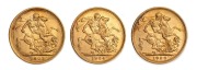1902, 1904 and 1906 Sovereigns, Edward VII, St. George reverse, Melbourne Mint, (3).