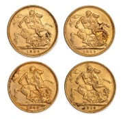 1902, 1908, 1909 and 1910 Sovereigns, Edward VII, St. George reverse, Melbourne Mint, (4).