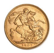 1907 Sovereign, Edward VII, St. George reverse, Perth Mint, EF.