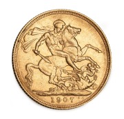 1907 Sovereign, Edward VII, St. George reverse, Sydney Mint, EF.