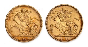 1889 and 1893 Sovereigns, Queen Victoria Jubilee Head, St. George reverse, Melbourne Mint, (2).