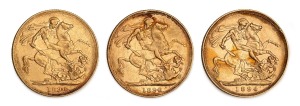 GREAT BRITAIN: 1890 (2) and 1894 Sovereigns, Queen Victoria Jubilee Head, St. George reverse, (3).