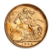 GREAT BRITAIN: 1890 (2) and 1894 Sovereigns, Queen Victoria Jubilee Head, St. George reverse, (3). - 4