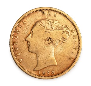 GREAT BRITAIN: 1873 Half Sovereign, Queen Victoria, Shield Reverse, with Plate Number 30 below the shield, F.