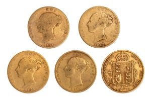 GREAT BRITAIN: Queen Victoria era Half Sovereigns with Shield Reverses: 1841, 1863, 1866,1876 and 1892. Mixed condition. (5)
