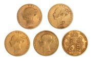 GREAT BRITAIN: Queen Victoria era Half Sovereigns with Shield Reverses: 1841, 1863, 1866,1876 and 1892. Mixed condition. (5)