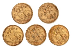 GREAT BRITAIN: Half Sovereigns: 1893, 1899, 1903, 1905 and 1907, mixed condition, (5).